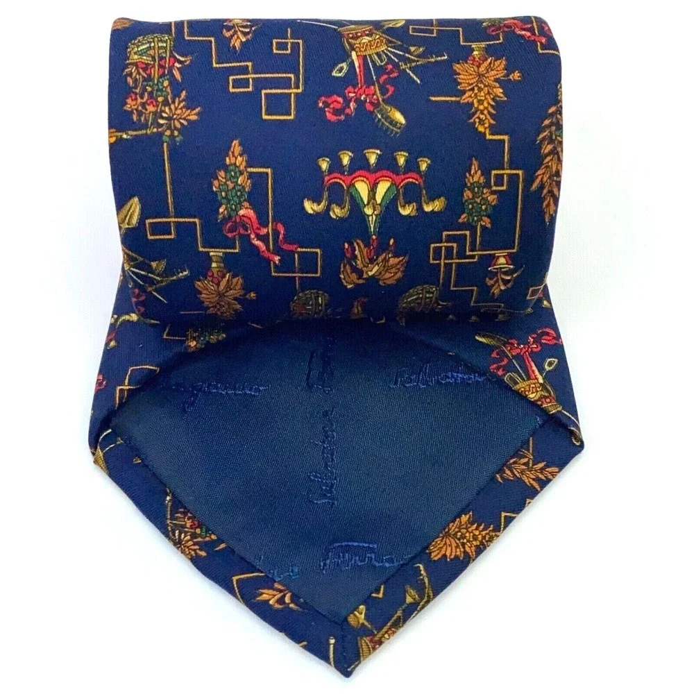 Salvatore Ferragamo Tie Navy Blue Mens 100% Silk Necktie Made in Italy